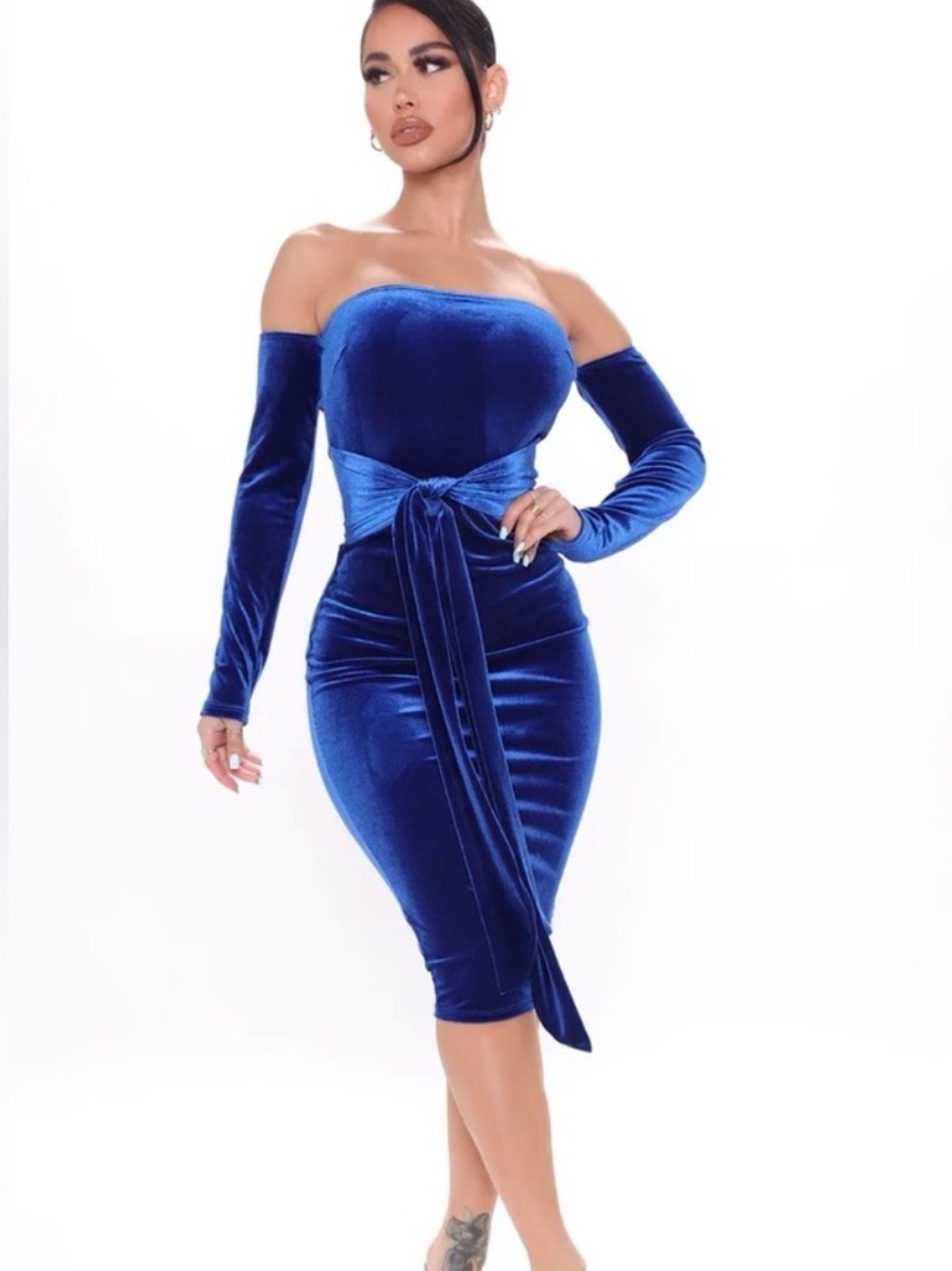 Fashion Nova Off-Shoulder Velvet Midi Dress in Cobalt Blue with Waist Tie
